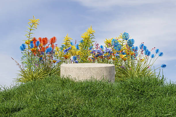 istock 3d rendering spring stage and natural mockup background, Stone podium on grass field and various colorful flowers are blooming for product stand display, advertising, cosmetic skincare or etc 2206977146
