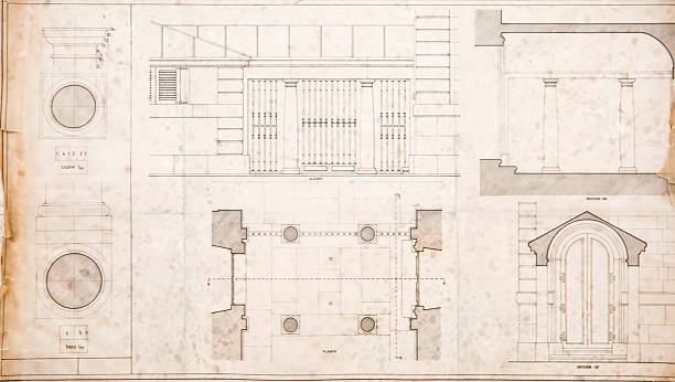 Detailed architectural blueprint displaying classical building design and structure Top view of a comprehensive architectural blueprint showing a classical building's elevation, plan, and sections. Highlights intricate design, construction details, and craftsmanship in classical architecture. fence drawings stock illustrations