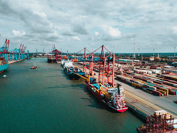 istock high angle view on Cargo crane container terminal in Hamburg Harbor 2206984523