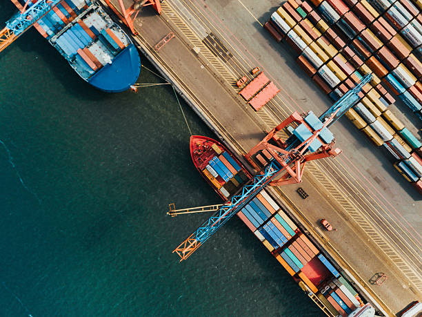 high angle view on cargo crane container terminal - haven stockfoto's en -beelden