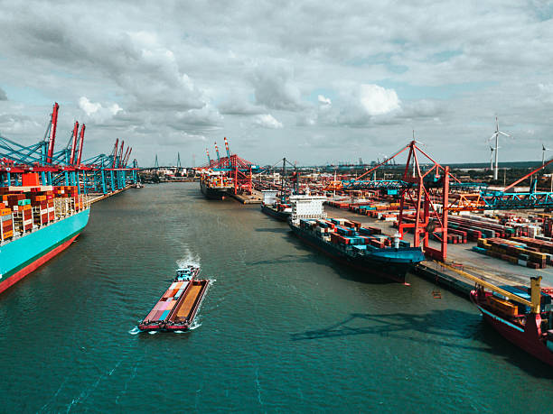 wide aerial panoramic view overCargo container terminal in Hamburg port