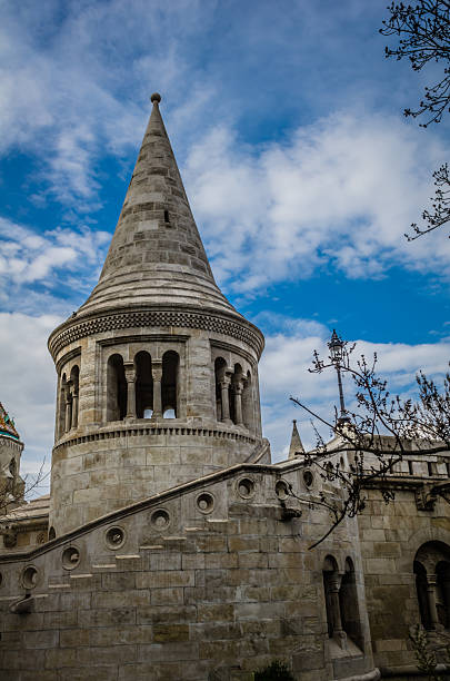Budapest, Hungary - June 5, 2017. Elizabeth Lookout tower in Budapest, with people. The tower was built on Janos-hegy hill in 1911.