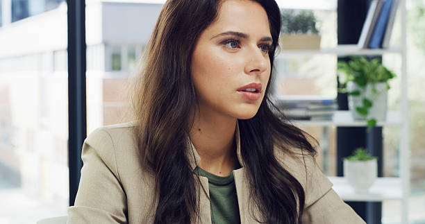 istock Thinking, business and woman in office, problem solving and choice with decision. Person, employee and workplace with feedback, planning for project and publisher with editor for magazine or creative 2206991578