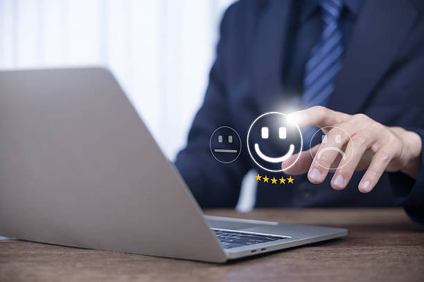 istock Customer satisfaction survey concept. User give five-star rating to service experience, Businessman presses the icon displayed on the virtual screen, customer, satisfaction, user, Positive Review 2206991941