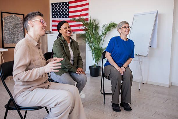 istock Army veteran attending a meeting with her friends 2206992496
