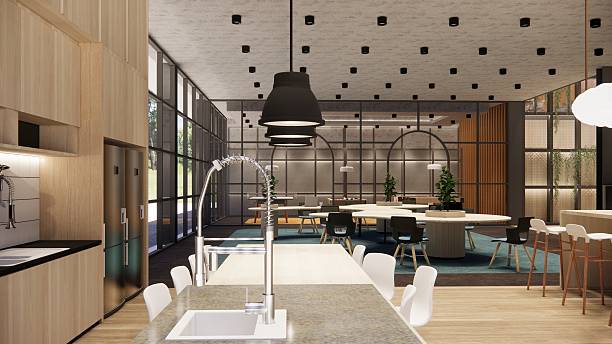 istock 3D image of a environmentally friendly office space.3D image of an environmentally friendly coworking office space 2206993733