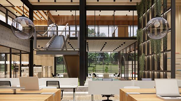 istock 3D image of a environmentally friendly office space.3D image of an environmentally friendly coworking office space 2206993815