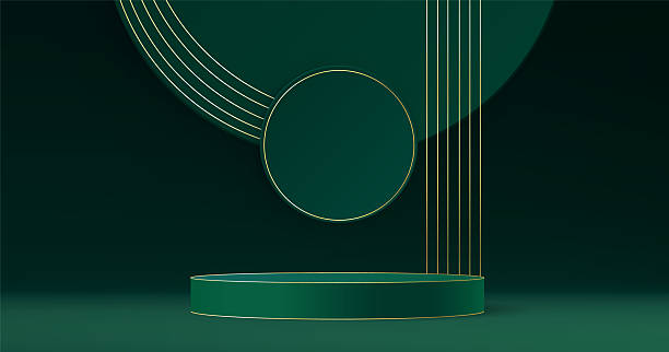 istock Green round podium stage with gold wavy stripes. 2206998694