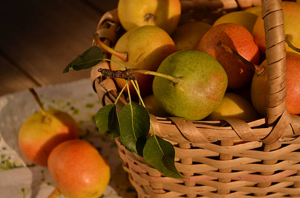 Full fruit basket on a wooden surface.