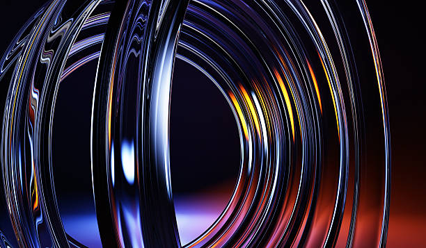 istock Abstract 3d black background with liquid glass transparent rings, neon light effect. Futuristic dark tech wallpaper with rainbow circular lines, yellow blue red holographic gradient 2207006767