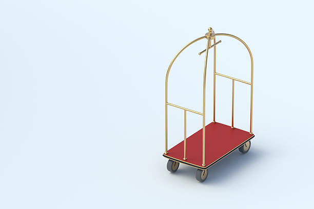 istock One hotel luggage cart on light gray background. Baggage trolley. Copy space. 3d render 2207007140