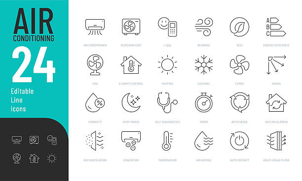 illustrations, cliparts, dessins animés et icônes de ligne de climatisation editable icons set. - efficacité énergétique