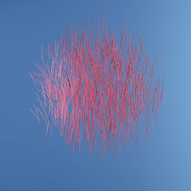 A CGI-rendered abstract composition featuring a loosely structured sphere made up of numerous thin, red rods floating against a gradient blue background. The rods appear randomly yet somewhat aligned, creating a sense of chaotic organization. The dynamic structure evokes themes of energy, molecular formations, or futuristic data visualization, giving the impression of an abstract entity suspended in space.