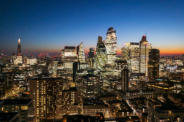 Aerial view of the Skyscrapers in the Financial District of London.