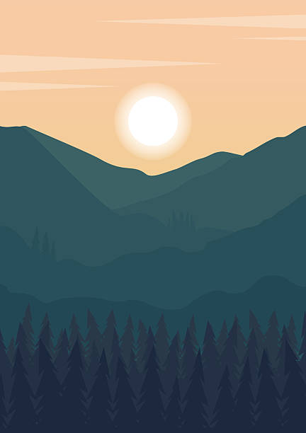 istock View on morning mountains with sunrise poster. Aesthetic minimalist Swiss pine tree forest. Springtime 2207018350