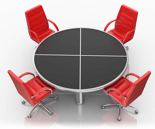 3d render. Four red swivel office chairs arranged around a sleek round table with a metal base, portraying a professional yet vibrant workspace setup perfect for meetings and collaboration.