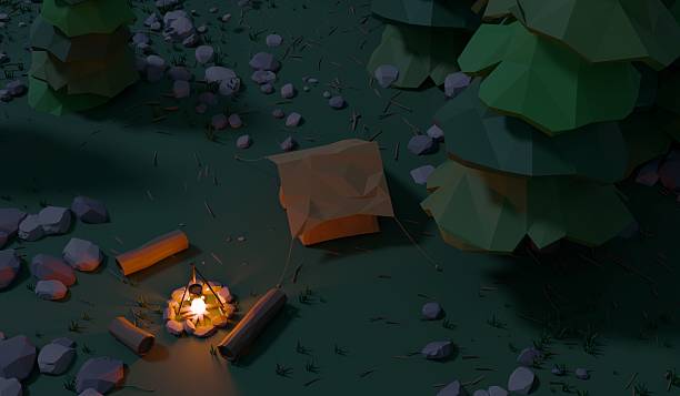 Camping, bonfire, travel, forest, 3D illustration