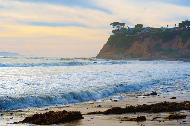 istock San Pedro Beach with Surfer and Ocean Waves Against Cliffside Homes 2207022899