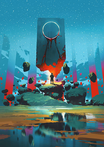 istock Traveler Standing Before Floating Holy Monolith in Fantasy Landscape 2207030837
