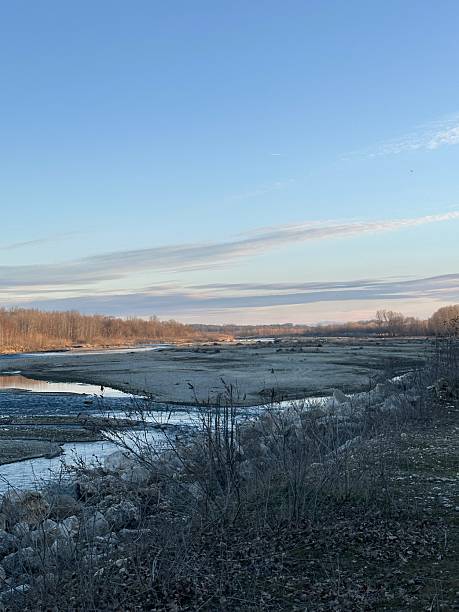 istock Wide Riverbed in Winter with Blue Sky and Bare Trees 2207030983