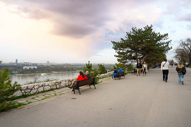 Aerial view of Kalemegdan at sunset in Belgrade, Serbia.