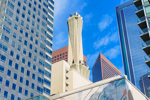 Los Angeles, California - December 3, 2024: Wide angle view of downtown Los Angeles featuring diverse skyscrapers and unique architectural designs under a bright blue sky.