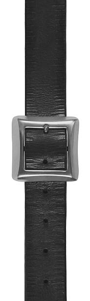 istock Black vintage leather belt, silvery chrome-plated solid brass metallic square center bar buckle, large detailed vertical isolated macro closeup, old rustic worn men's smart casual stylish middle bridge design accessory flat lay 2207043119