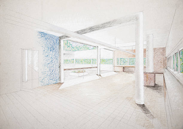 istock Architectural Hand Drawing Perspective of Villa Savoye by Le Corbusier, a Modern Indoor Space with Natural Light 2207052467