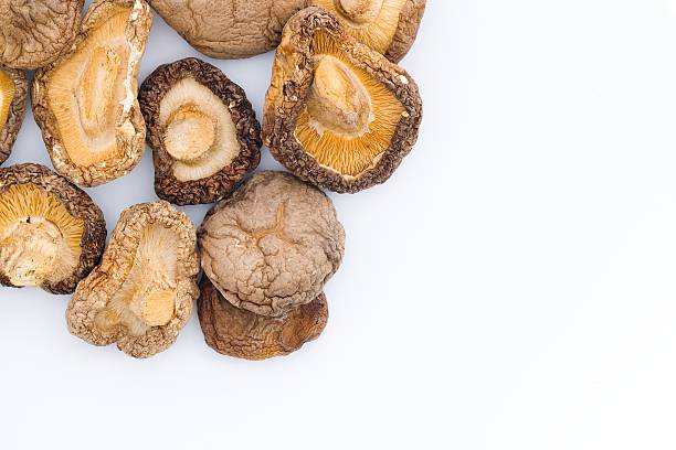 istock Neatly arranged dried shiitake mushrooms on a white backdrop, offering a glimpse of their rustic, earthy character. 2207056729
