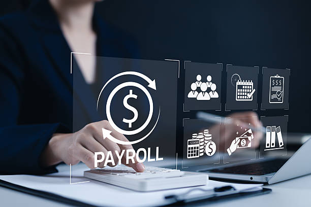 istock Payroll Management and Salary Processing System. Businesswoman calculates payroll, with icons representing employee salaries management, payment scheduling, efficient payroll, financial documentation, 2207057410