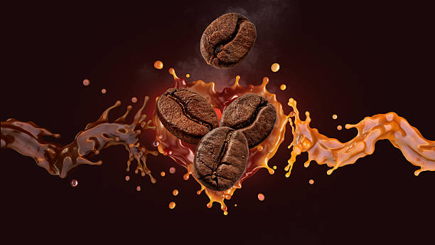 istock Roasted coffee beans with dynamic coffee splashes. Dark espresso liquid and caramel or creamy condensed milk swirling in motion. 2207060325