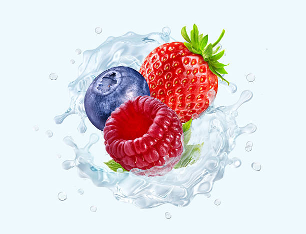 istock Fresh berries splash, 3D rendering. Strawberry, blueberry, and raspberry in water droplets 2207060680