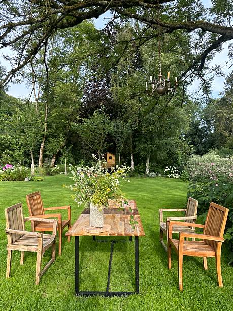 istock Garden scene with wooden chairs and a table set under a large tree 2207071555