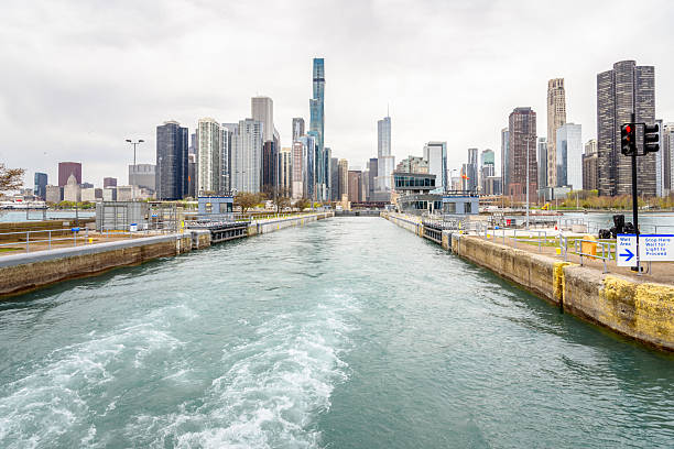 Locks at the mouth of Chicago river under cloudy sky in spring. Chicago skyline is in background.  Illinois, USA.