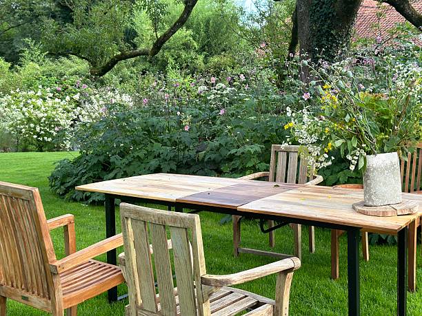 istock Garden scene with wooden chairs and a table set under a large tree 2207071799