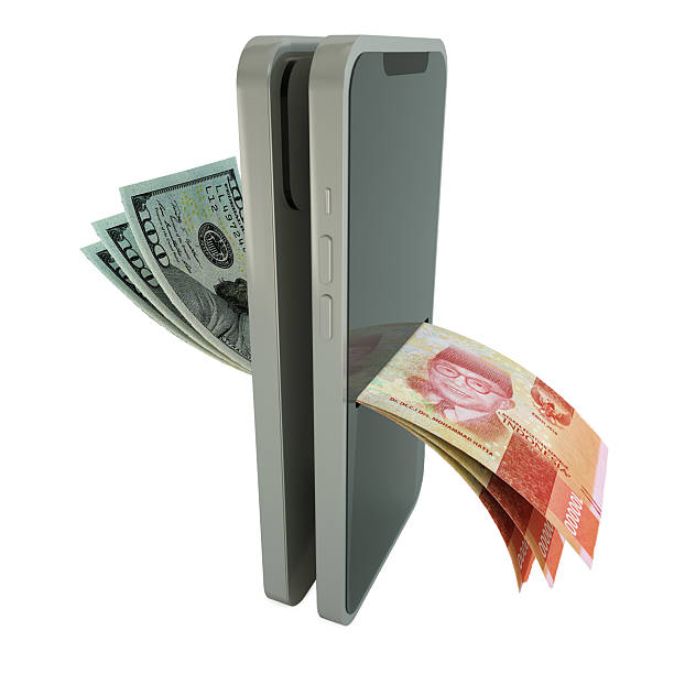 istock US dollar and Indonesian Rupiah notes exchanging through mobile phone, Online money transfer, electronic payment systems, Mobile banking. currency exchange concept. 2207071910