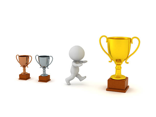3D Character Running to get a Gold Trophy. Isolated on white background.