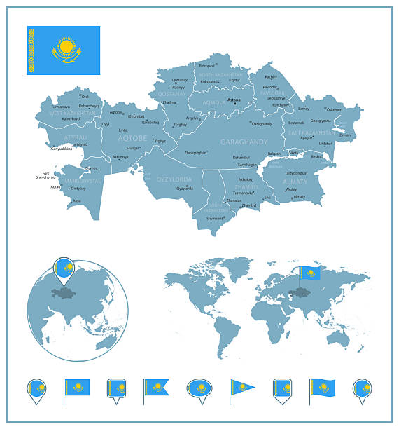 Kazakhstan Detailed Map With Regions And Cities Set Of Flags Globe Kazakhstan Detailed Map With Regions And Cities Set Of Flags Globe Country Outline Country 