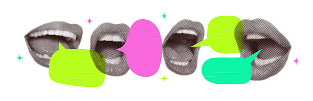 istock Set of speech bubbles with open mouths in collage style in halftone processing. Opened female lips, with screaming, smiling. Elements with paper imitation. Vector contemporary illustration 2207096739