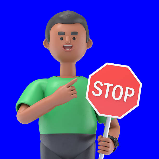 istock 3D illustration of handsome afro man David pointing at stop sign,Blue Screen Mockup.3D rendering on Blue Screen for footage and clipping path. 2207100428
