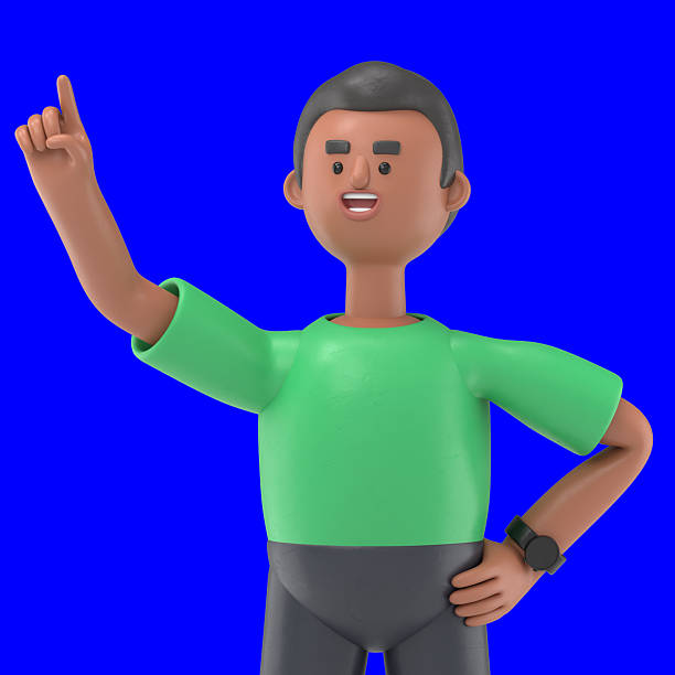 3D illustration of handsome afro man David has positive emotions.Blue Screen Mockup.3D rendering on Blue Screen for footage and clipping path.