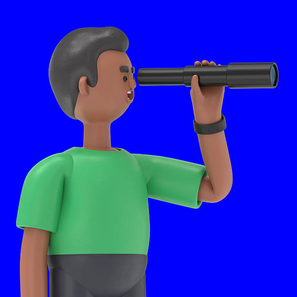 istock 3D illustration of handsome afro man David looking in telescope, seeing future. Blue Screen Mockup.3D rendering on Blue Screen for footage and clipping path. 2207100449