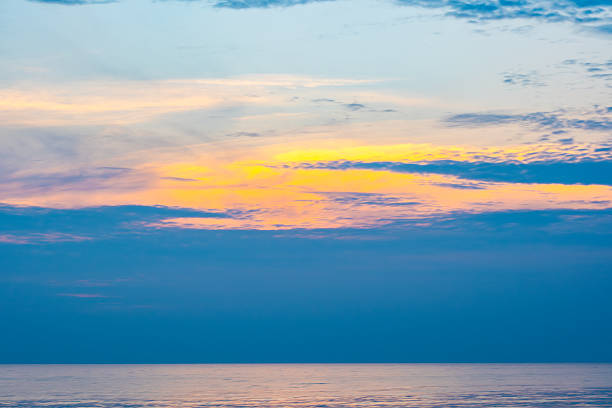 Panoramic skyline view The sun sets in the evening sky with colorful clouds. and beautiful cloud patterns In the soft light Evening at the sea