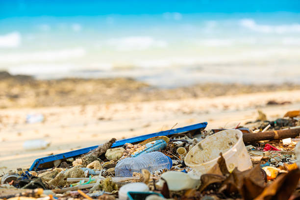 trash, plastic cups and plastic bags at the beach. environmental problem concept and healing the world