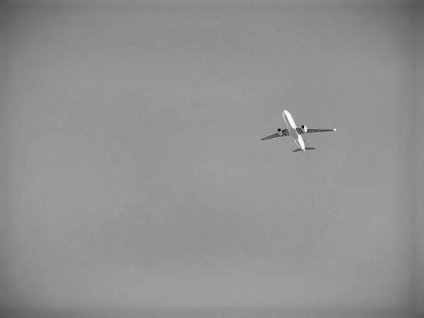 istock An aircraft is flying high under the sky with a monochrome background. 2207116838