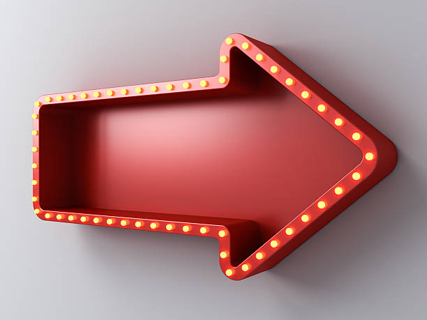 istock Blank red arrow sign board with retro yellow neon light bulbs isolated on white wall background with shadow creative idea concept 3D rendering 2207117085