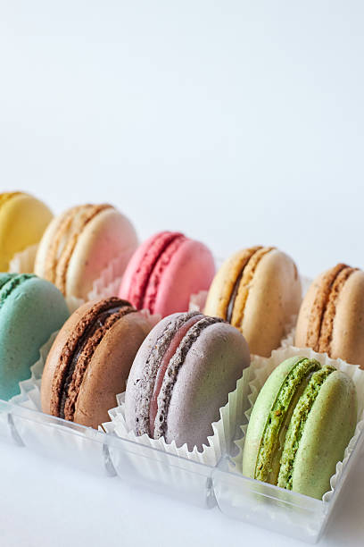 istock close up bright French Macarons with white paperpan in plastic box 2207118823