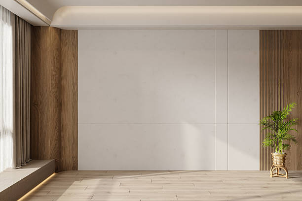 Empty Room With Potted Plant, Parquet Floor And Blank Wall