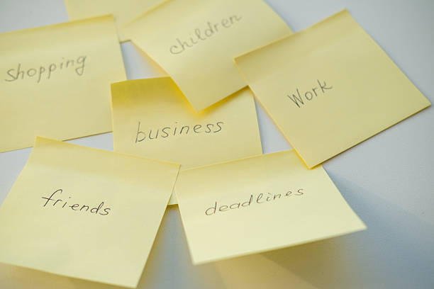 istock Notes reminders of yellow colored stickers with text on the table. Many unfulfilled tasks, deadlines. Top view. 2207124727
