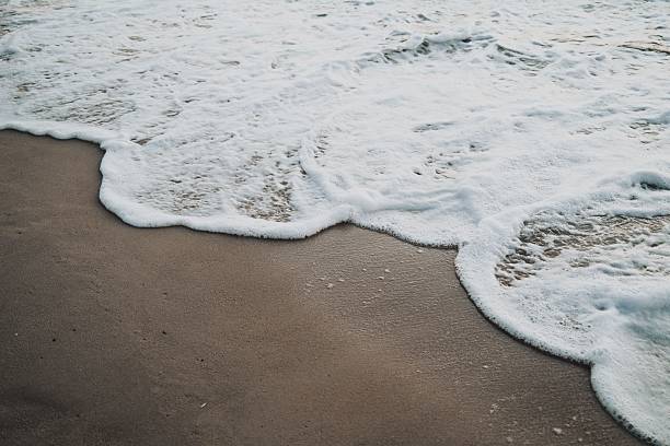 Ocean waves crashing onto a sandy shore under a clear sky